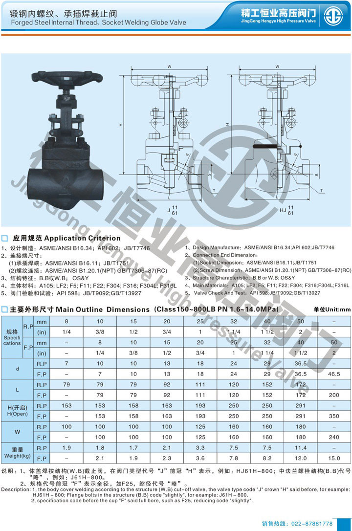 锻钢内螺纹、承插焊截止阀 锻钢内螺纹、承插焊截止阀